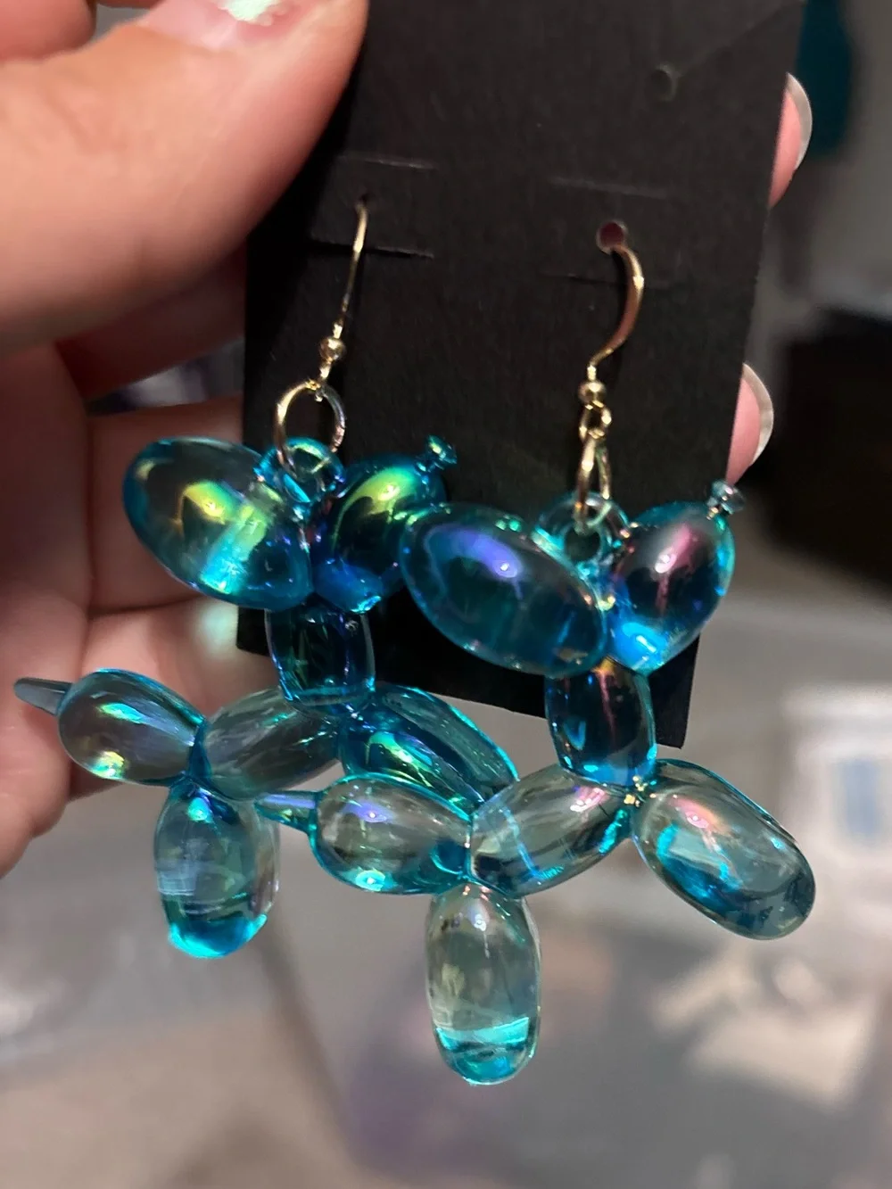 Iridescent Blue Balloon Animal Drop Earrings — Statement Dangle
